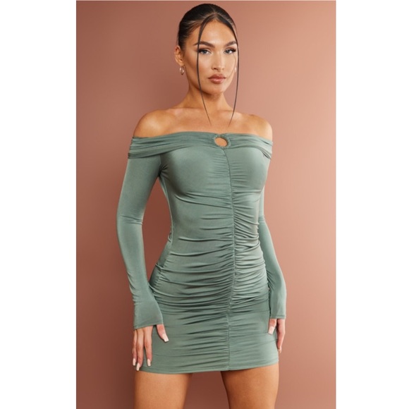 PrettyLittleThing Dresses & Skirts - NWT PrettyLittleThing Khaki Ring Detail Bardot Slinky Bodycon Dress